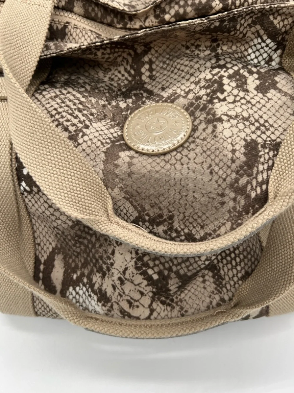 Kipling Taupe Snake-Print Canvas Tote with Beige Webbing